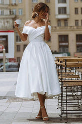 A-line Satin Off Shoulder Tea-Length Wedding Dresses, Wedding Gown