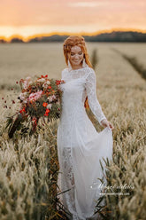 A-line Scoop Neck Backless Long Sleeves Lace Wedding Dresse