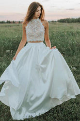 A-line Two Pieces Lace Top Wedding Dresses With Pockets, Bridal Gown