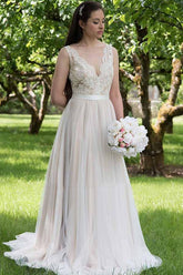 A-line V-neck Lace Top Tulle Skirt Beach Wedding Dresses, Wedding Gown