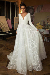 A-line V-neck Long Sleeves Wedding Dresses With Court Train, Bridal Gown