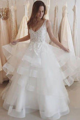 Ivory Organza Backless See-through Lace Appliqued Long Wedding Dresses