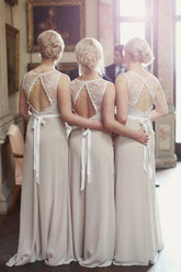 Chiffon Lace A-line Scoop Neck Ribbons Open Back Long Bridesmaid Dresses