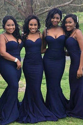 Navy Blue Satin Spaghetti Straps Mermaid Sweetheart Long Bridesmaid Dresses