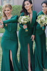 Green Long Sleeve Deep V-neck Cheap Bridesmaid Dresses with Side Slit