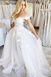Ball Gown Off the Shoulder Open Back Lace Long Wedding Dresses,Fairy Wedding Gowns
