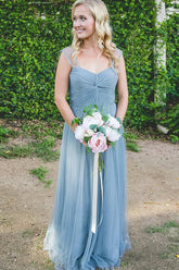 Beautiful Dusty Blue Tulle A-line Floor-Length Long Bridesmaid Dresses