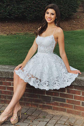Beautiful White Lace A-line Spaghetti Straps Backless Homecoming Dresses