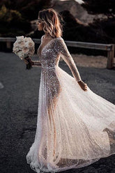 Bling Lace A-line Deep V-neck See Through Long Sleeves Wedding Dresses