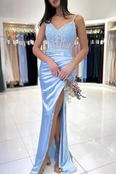 Mermaid Satin V-neck Lace Appliques Long Prom Dresses With Slit