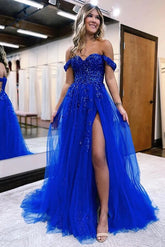 Blue Tulle A-line Off-the-Shoulder Lace Appliques Prom Dress With Slit