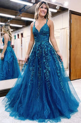 Tulle A-line Prom Dresses With Lace Appliques, Evening Dresses,