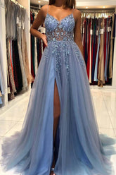 Blue Tulle A-line V-neck Beaded Long Prom Dresses, Long Formal Dress