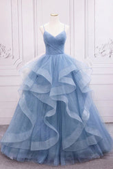Blue Tulle A-line V-neck Sequins Sparkly Prom Dresses, Long Formal Dresses