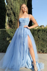 Tulle Lace Appliques Spaghetti Straps Long Prom Dresses With Slit
