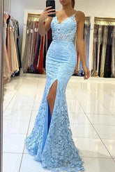Tulle Mermaid V-neck Backless Long Prom Dress With Lace Appliques