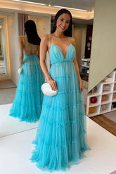 Blue Tulle Tiered A-line V-neck Floor Length Prom Dresses, Evening Gowns