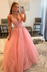 Blush A-line V-neck Princess Prom Dresses With Appliques, Evening Dress