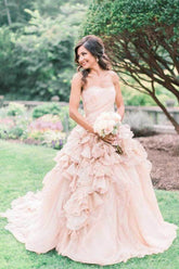 Blush Ball Gown Organza Ruffles Strapless Wedding Dresses, Bridal Gown