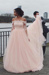Blush Pink A-line Off Shoulder Long Sleeves Wedding Dress, Bridal Gown