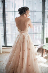 Blush Pink A-line Sweetheart Floral Backless Wedding Dress, Bridal Gowns