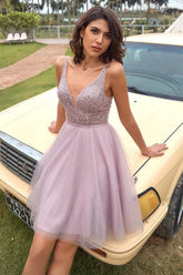 Blush Pink A-line V-neck Open Back Sequins Short Homecoming Dresses
