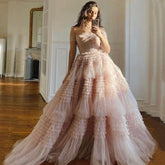 Princess A line Off Shoulder Ruffled Tulle Prom Dress