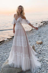 Tulle Lace Off-the-Shoulder Beach Wedding Dresses, Bridal Gown