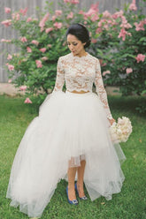 Lace Top Two Pieces Long Sleeves High Low Wedding Dresses