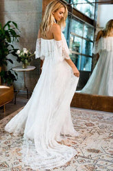 Boho Lace A-line Half Sleeves Off-the-Shoulder Beach Wedding Dresses