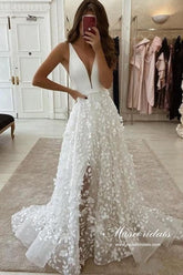 Boho Satin A-line V-neck 3D Flowers Wedding Dresses With High Slit
