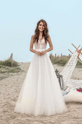 Boho Tulle Lace A-line V-neck Floor Length Beach Wedding Dresses