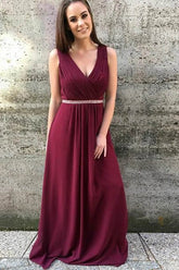Burgundy Chiffon A-line V-neck Long Bridesmaid Dresses With Ruffles