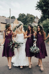 Burgundy Lace A-line V-neckline Tea Length Short Bridesmaid Dresses