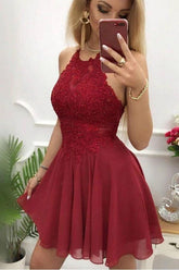 Burgundy Lace Beaded A-line Homecoming Dresses, Graduation Dress