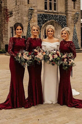 Burgundy Lace Mermaid Sweep Train Long Sleeves Bridesmaid Dresses