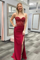 Burgundy Mermaid Strapless Sweetheart Lace Appliques Prom Dresses