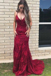 Burgundy Mermaid V-neck Lace Prom Dresses With Train, Party Dresses