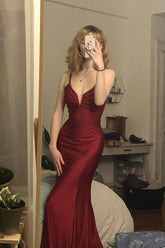 Burgundy Satin Mermaid V-neck Spaghetti Straps Long Prom Dresses