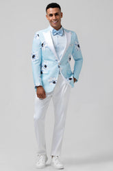 Light Blue Flower Printed Peak Lapel 2 Pieces Prom Men's Suits