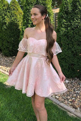 Charming A-line Off Shoulder Lace Homecoming Dress, Short Party Dresses