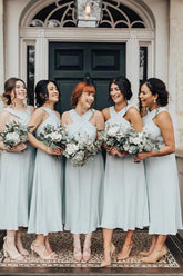 Chiffon A-line Halter Pleated Tea Length Sleeveless Bridesmaid Dresses