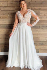 Chiffon A-line Long Sleeves Lace Appliques Plus Size Wedding Dresses