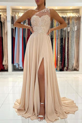 Chiffon A-line One Shoulder Lace Prom Dresses, Evening Gown, Formal Dress