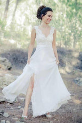 Chiffon A-line V-neck Beach Wedding Dress With Train, Lace Wedding Gown