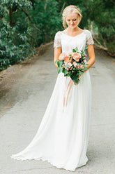 Chiffon A-line V-neck Short Sleeves Wedding Dresses With Beading