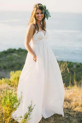 Chiffon A-line V-neck Spaghetti Straps Simple Wedding Dress With Train