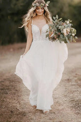 Chiffon A-line V-neck Spaghetti Straps Wedding Dresses With Appliques