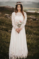 Chiffon Lace A-line Bateau Long Sleeves Wedding Dresses, Bridal Gown