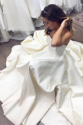 Classic Ivory Satin Strapless Off Shoulder Cathedral Train Wedding Dresses